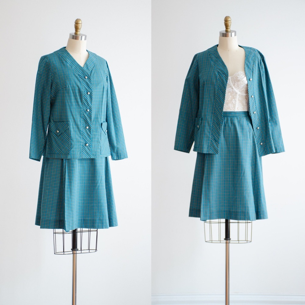 Betty Hartford Skirt Suit Vintage 60s Plaid S Teal Blue A-Line Pleated Set